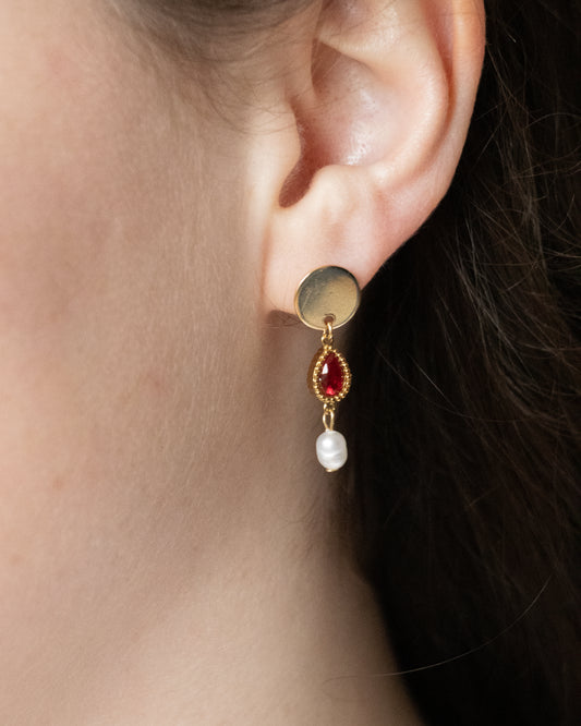 HÉRITAGE | Boucles d'oreilles zircons rouges et perles de culture