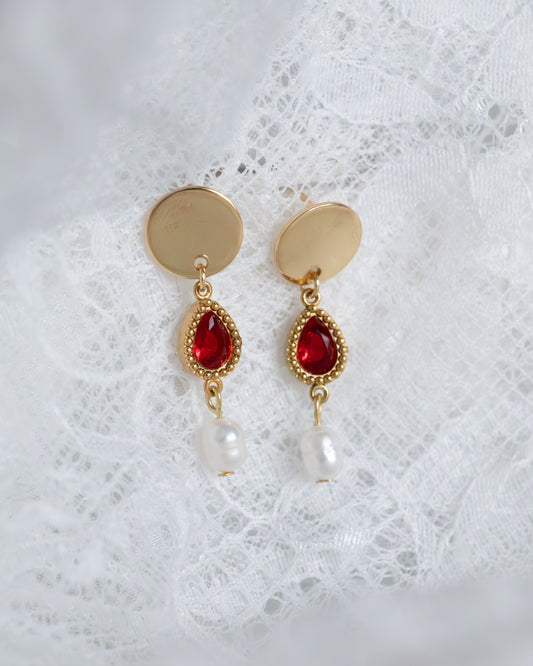 HÉRITAGE | Boucles d'oreilles zircons rouges et perles de culture